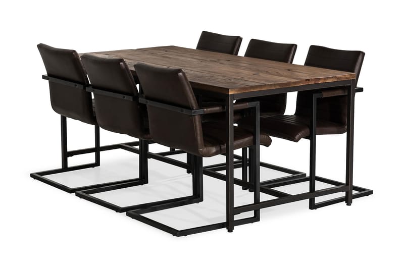 Wilmer Spisebordssæt 180 cm med 6 House Stole Vintage - Rustik Elm/Sort/Mørkebrun PU - Spisebordssæt