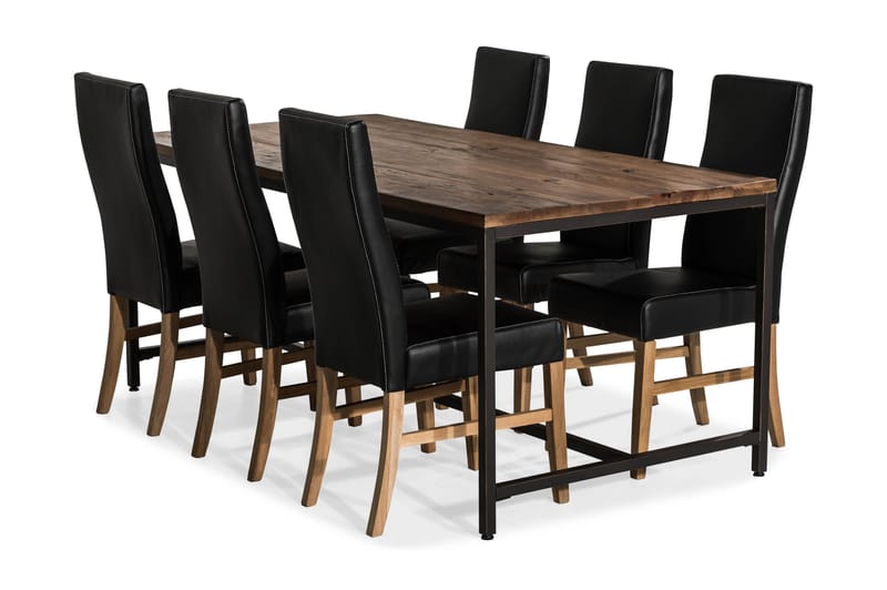 Wilmer Spisebordssæt 180 cm med 6 Mazzi stol - Rustik Elm/Sort PU/Eg - Spisebordssæt