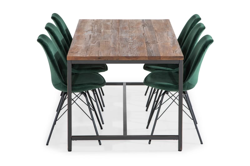 Wilmer Spisebordssæt 180 cm med 6 Shell Stol Velour - Brun/Grøn - Spisebordssæt