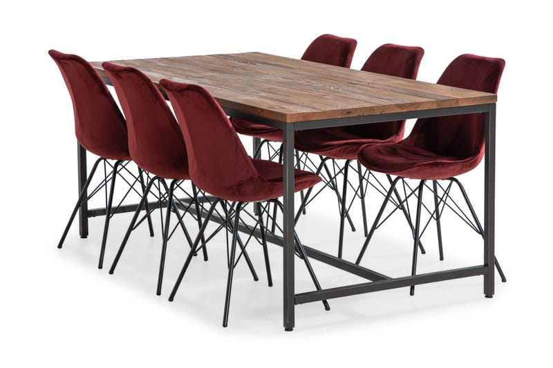 Wilmer Spisebordssæt 180 cm med 6 Shell Stol Velour - Brun/Rød - Spisebordssæt