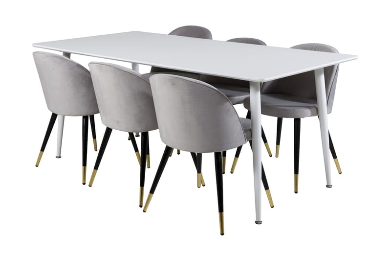 Ypas Spisebordssæt 180 cm inkl 6 Valeri Stole, Hvid/Velour/Grå