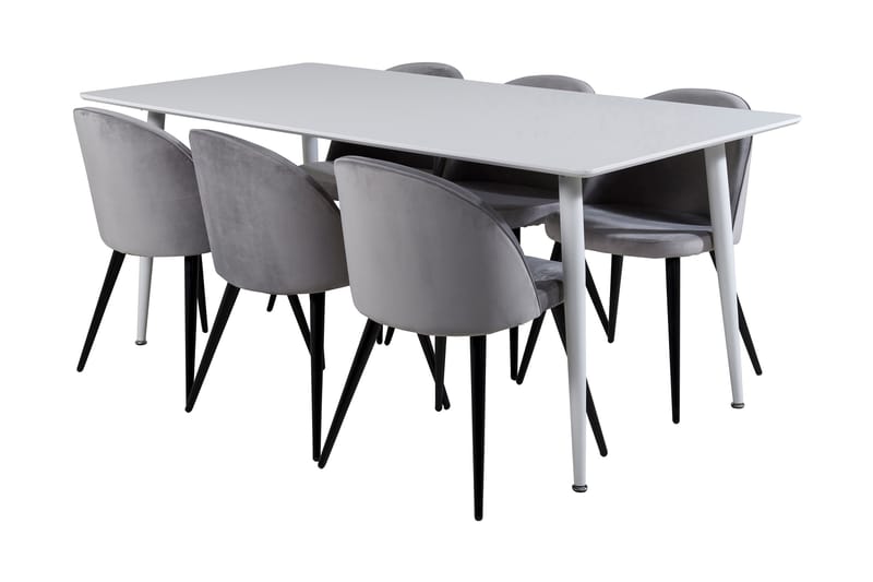 Ypas Spisebordssæt 180 cm inkl 6 Valeri Stole, Hvid/Velour/Lysegrå/Sort