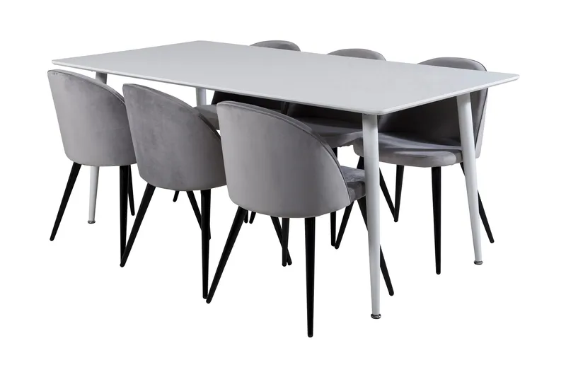 Ypas Spisebordssæt 180 cm inkl 6 Valeri Stole, Hvid/Velour/Lysegrå/Sort