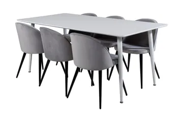 Ypas Spisebordssæt 180 cm inkl 6 Valeri Stole - Hvid/Velour/Lysegrå/Sort - Møbler - Borde - Spisebordssæt