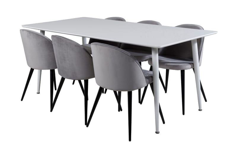 Ypas Spisebordssæt 180 cm inkl 6 Valeri Stole, Hvid/Velour/Lysegrå/Sort