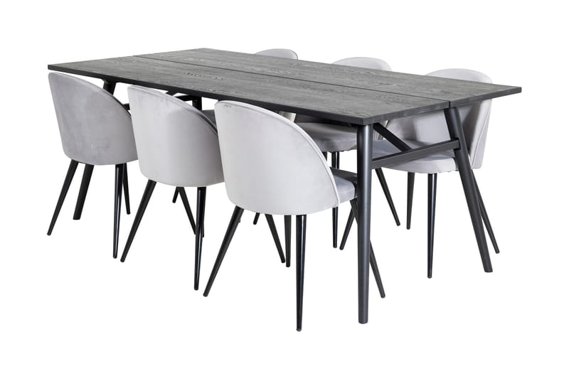 Zenazmi Spisebordssæt 195 cm inkl 6 Valerie Velourstole, Sort/Lysegrå