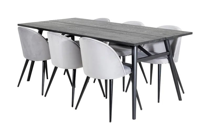 Zenazmi Spisebordssæt 195 cm inkl 6 Valerie Velourstole, Sort/Lysegrå