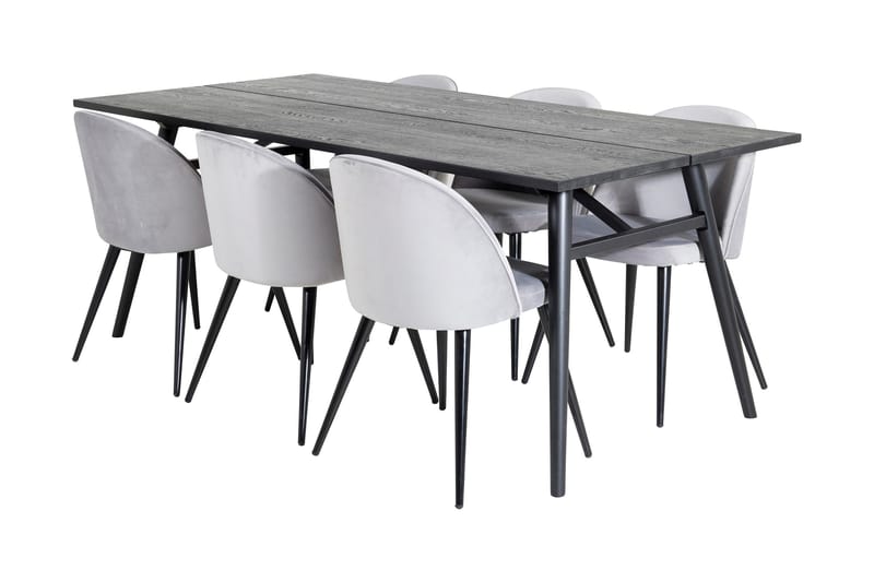 Zenazmi Spisebordssæt 195 cm inkl 6 Valerie Velourstole, Sort/Lysegrå