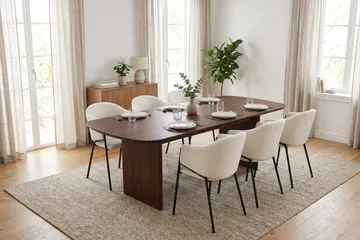 Spisegruppe Bark Alma 220 cm Valnød Hvid bouclé 6 - Valnød - Møbler - Borde - Spisebordssæt
