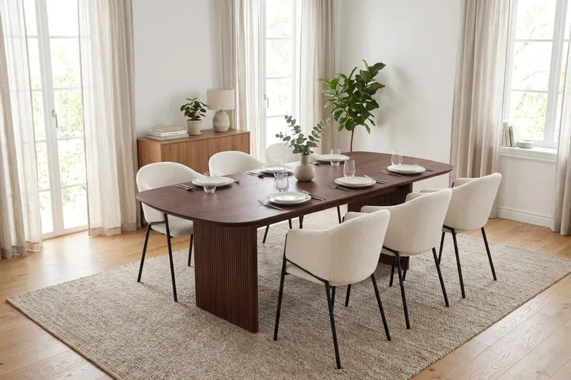 Spisegruppe Bark Alma 220 cm Valnød Hvid bouclé 6 - Valnød - Møbler - Borde - Spisebordssæt