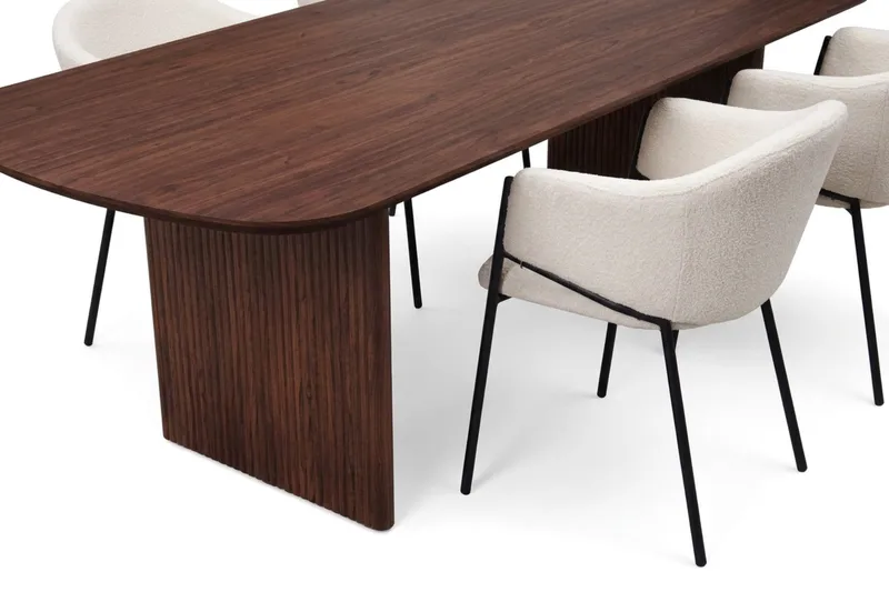 Spisegruppe Bark Alma 220 cm Valnød Hvid bouclé 6 - Valnød - Møbler - Borde - Spisebordssæt