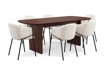 Spisegruppe Bark Alma 220 cm Valnød Hvid bouclé 6 - Valnød - Møbler - Borde - Spisebordssæt