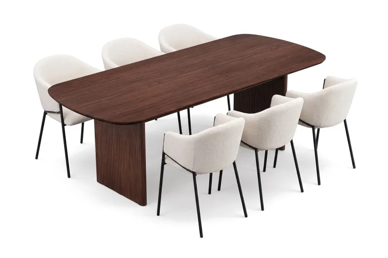Spisegruppe Bark Alma 220 cm Valnød Hvid bouclé 6 - Valnød - Møbler - Borde - Spisebordssæt