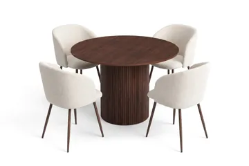 Spisegruppe Bark Kopparbo 110 cm Valnød Hvid bouclé/Metalben valnød Rund 4 - Valnød - Møbler - Borde - Spisebordssæt