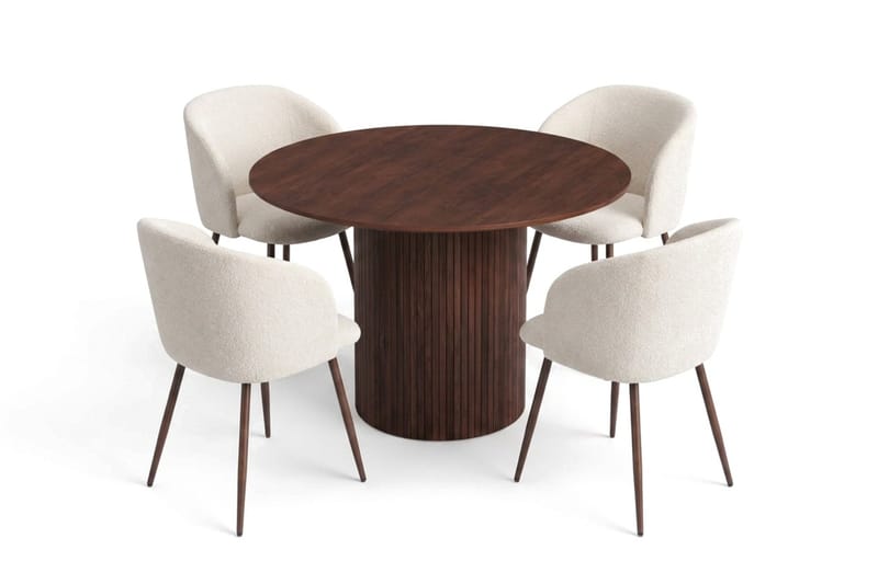 Spisegruppe Bark Kopparbo 110 cm Valnød Hvid bouclé/Metalben valnød Rund 4 - Møbler - Borde - Spisebordssæt