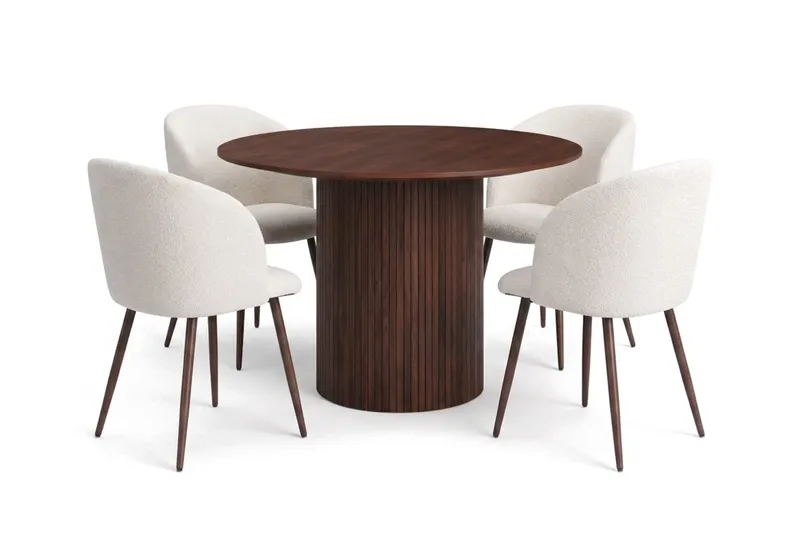 Spisegruppe Bark Kopparbo 110 cm Valnød Hvid bouclé/Metalben valnød Rund 4, undefined