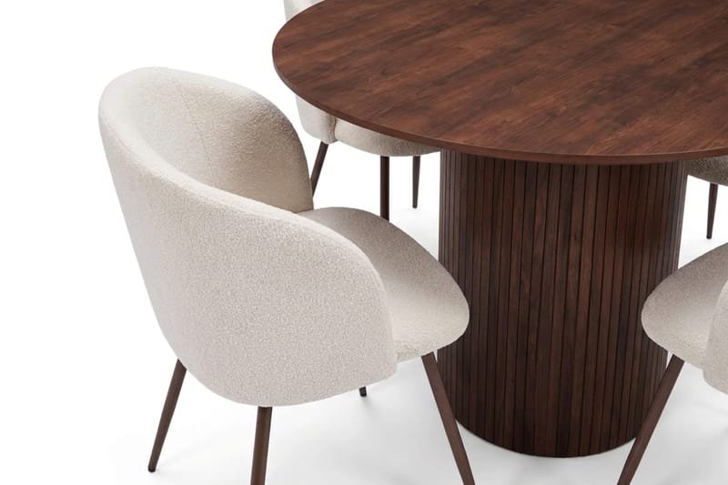 Spisegruppe Bark Kopparbo 110 cm Valnød Hvid bouclé/Metalben valnød Rund 4 - Møbler - Borde - Spisebordssæt