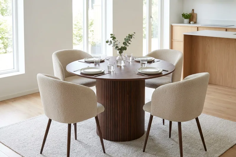 Spisegruppe Bark Kopparbo 110 cm Valnød Hvid bouclé/Metalben valnød Rund 4 - Møbler - Borde - Spisebordssæt