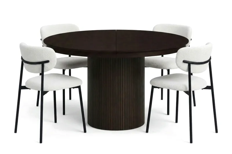 Spisegruppe Bark Kopparbo 120-220 cm Røget eg Hvid bouclé/metalben sort Rund 4, undefined