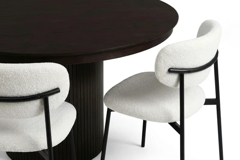 Spisegruppe Bark Kopparbo 120-220 cm Røget eg Hvid bouclé/metalben sort Rund 4 - Møbler - Borde - Spisebordssæt