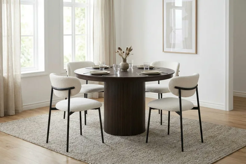 Spisegruppe Bark Kopparbo 120-220 cm Røget eg Hvid bouclé/metalben sort Rund 4 - Møbler - Borde - Spisebordssæt