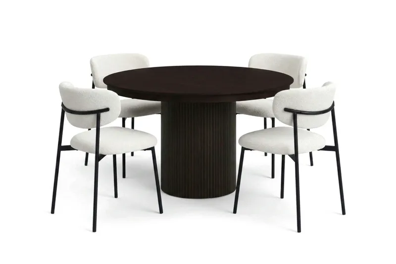 Spisegruppe Bark Kopparbo 120-220 cm Røget eg Hvid bouclé/metalben sort Rund 4 - Møbler - Borde - Spisebordssæt