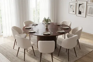 Spisegruppe Bark Kopparbo 180 cm Valnød Hvid bouclé/Metalben valnød Rund 8 - Valnød - Møbler - Borde - Spisebordssæt