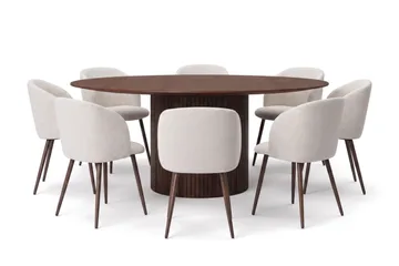 Spisegruppe Bark Kopparbo 180 cm Valnød Hvid bouclé/Metalben valnød Rund 8 - Møbler - Borde - Spisebordssæt