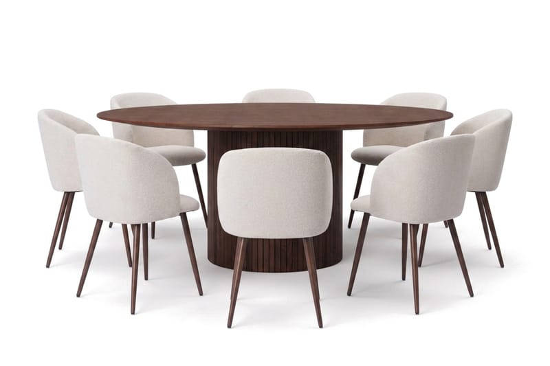 Spisegruppe Bark Kopparbo 180 cm Valnød Hvid bouclé/Metalben valnød Rund 8 - Møbler - Borde - Spisebordssæt