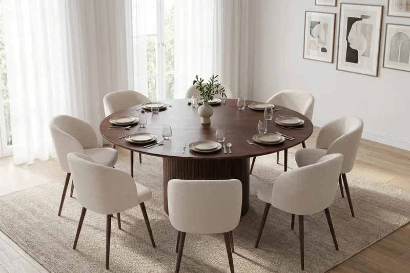 Spisegruppe Bark Kopparbo 180 cm Valnød Hvid bouclé/Metalben valnød Rund 8 - Møbler - Borde - Spisebordssæt