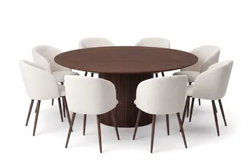 Spisegruppe Bark Kopparbo 180 cm Valnød Hvid bouclé/Metalben valnød Rund 8 - Møbler - Borde - Spisebordssæt
