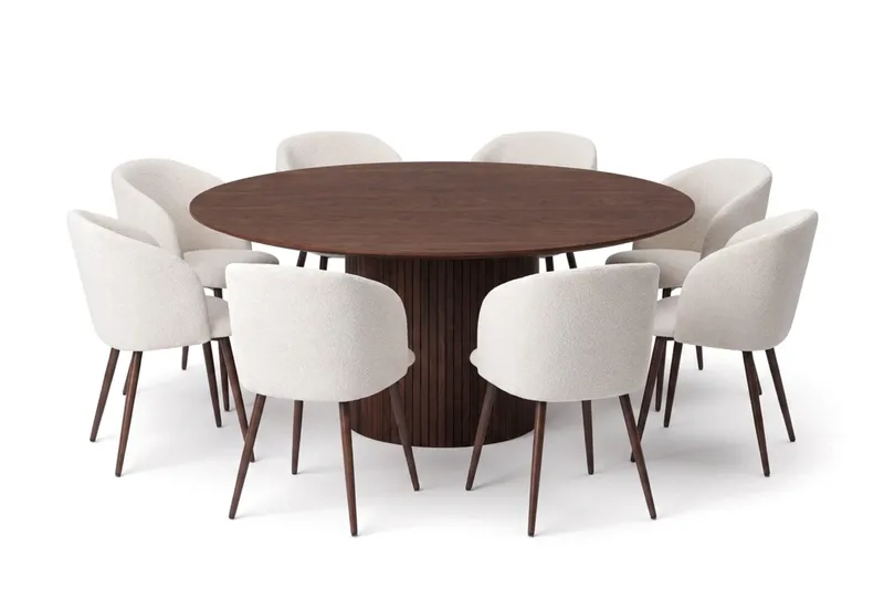 Spisegruppe Bark Kopparbo 180 cm Valnød Hvid bouclé/Metalben valnød Rund 8