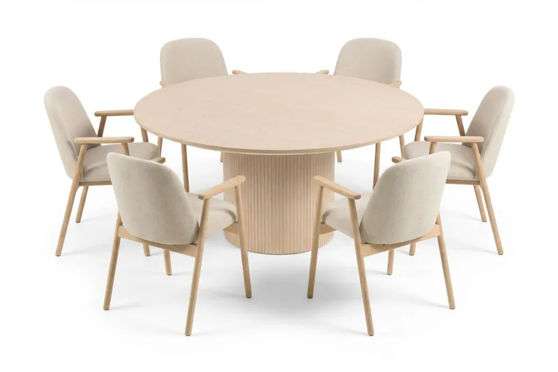 Spisegruppe Bark Kopparbo rundt spisebord 180 cm hvidlaseret med 6 Reciclar spisebordsstole Lys eg|Beige, undefined