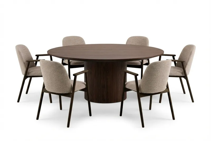 Spisegruppe Bark Kopparbo rundt spisebord 180 cm mørkebrunt med 6 Reciclar spisebordsstole Valnød|Greige, undefined