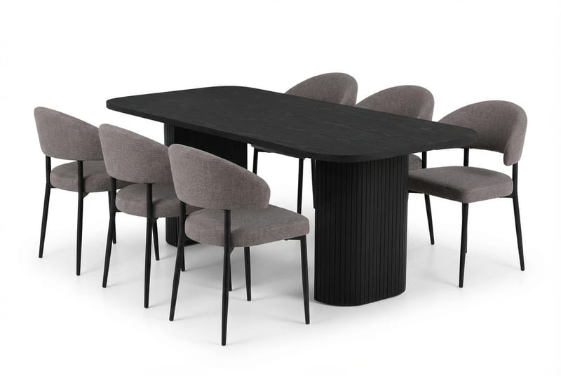 Spisegruppe Bark Kopparbo spisebord 200 cm med 6 Sawako greige stole Sort|Greige, undefined
