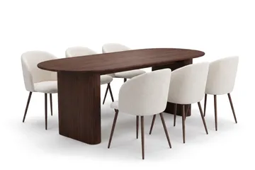 Spisegruppe Bark Noira 220 cm Valnød Hvid bouclé/metalben valnød 6 - Valnød - Møbler - Borde - Spisebordssæt