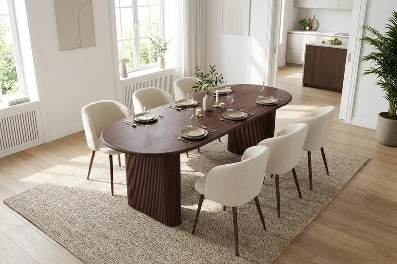 Spisegruppe Bark Noira 220 cm Valnød Hvid bouclé/metalben valnød 6 - Valnød - Møbler - Borde - Spisebordssæt