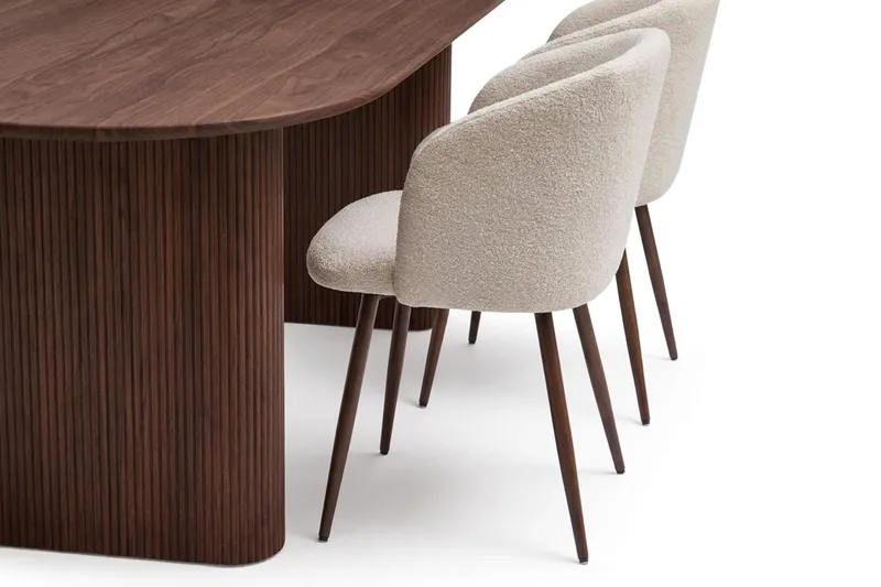 Spisegruppe Bark Noira 220 cm Valnød Hvid bouclé/metalben valnød 6 - Møbler - Borde - Spisebordssæt