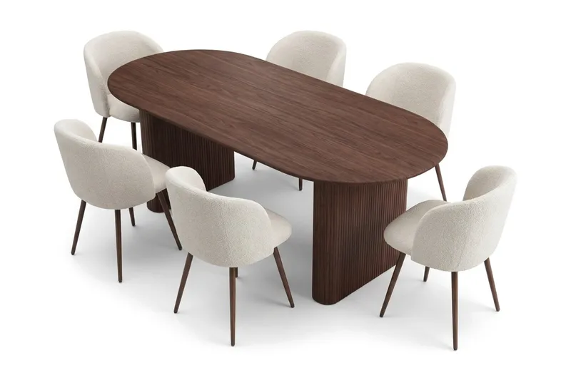 Spisegruppe Bark Noira 220 cm Valnød Hvid bouclé/metalben valnød 6 - Møbler - Borde - Spisebordssæt