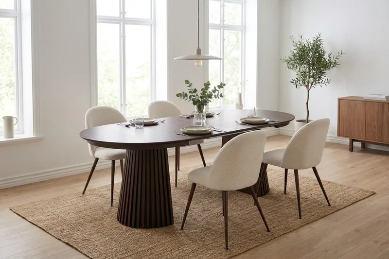 Spisegruppe Bark Peyra 120-220 cm Røget eg Hvid bouclé/Metalben Valnød - Møbler - Borde - Spisebordssæt