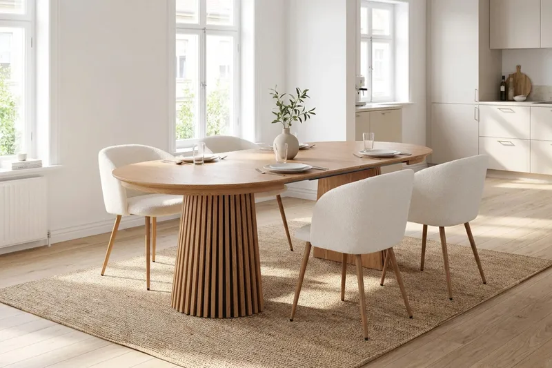 Spisegruppe Bark Peyra 120-220 cm Eg Hvid bouclé/Metalben brun - Møbler - Borde - Spisebordssæt