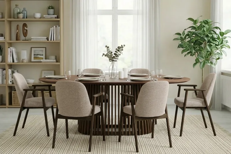 Spisegruppe Bark Peyra ovalt spisebord 200 cm mørkebrunt med 6 Reciclar spisebordsstole Valnød|Greige - Møbler - Borde - Spisebordssæt