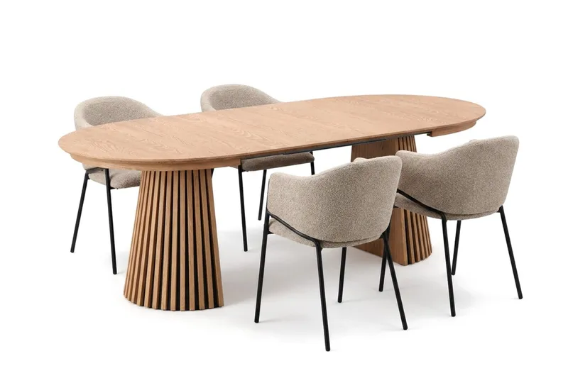 Spisegruppe Bark Peyra 120-220 cm Eg Taupe bouclé - Møbler - Borde - Spisebordssæt