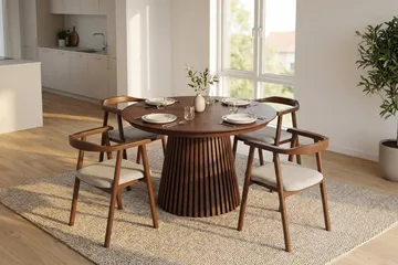 Spisegruppe Bark Peyra 120-220 cm Valnød Valnød/Beige - Valnød - Møbler - Borde - Spisebordssæt