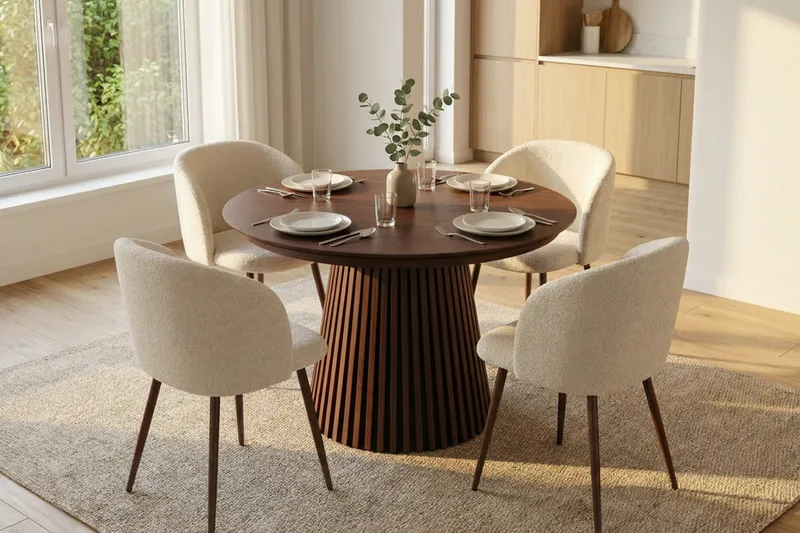 Spisegruppe Bark Peyra 120-220 cm Valnød Hvid bouclé/Metalben valnød - Møbler - Borde - Spisebordssæt