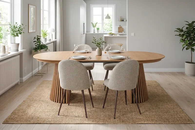 Spisegruppe Bark Peyra 120-220 cm Eg Greige bouclé/Metalben Valnød - Møbler - Borde - Spisebordssæt