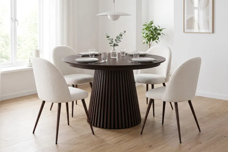 Spisegruppe Bark Peyra 120-220 cm Røget eg Hvid bouclé/Metalben Valnød - Møbler - Borde - Spisebordssæt