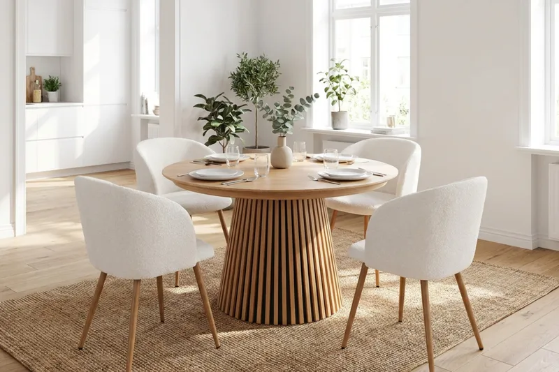 Spisegruppe Bark Peyra 120-220 cm Eg Hvid bouclé/Metalben brun - Møbler - Borde - Spisebordssæt