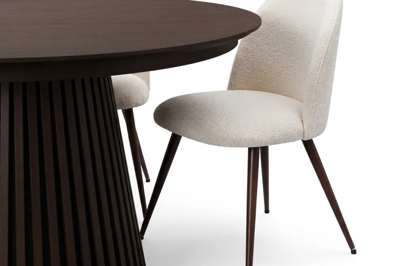 Spisegruppe Bark Peyra 120-220 cm Røget eg Hvid bouclé/Metalben Valnød - Møbler - Borde - Spisebordssæt