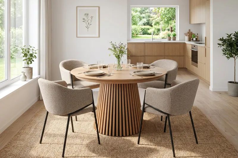 Spisegruppe Bark Peyra 120-220 cm Eg Taupe bouclé - Møbler - Borde - Spisebordssæt